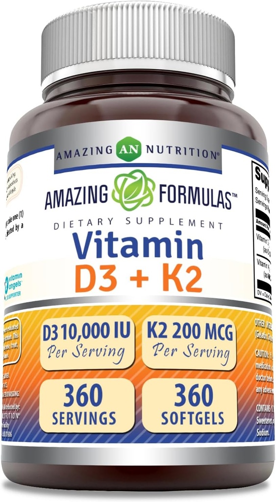Formules étonnantes Vitamine D3 10000 UI avec Vitamine K2 200 Mcg.