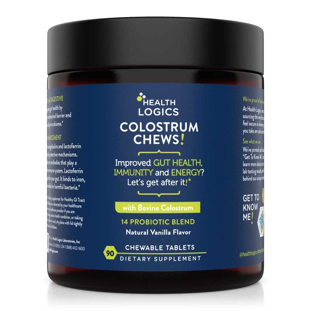 Logiques de santé Colostrum Supplément Chews-Colostrum 25% IgG pour Gut Health, Immune Support, Croissance des cheveux, Vanilla Flavor, 90 portions, Bovin entier Colostrum Superfood