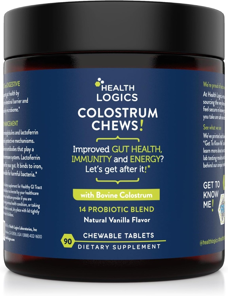 Logiques de santé Colostrum Supplément Chews-Colostrum 25% IgG pour Gut Health, Immune Support, Croissance des cheveux, Vanilla Flavor, 90 portions, Bovin entier Colostrum Superfood