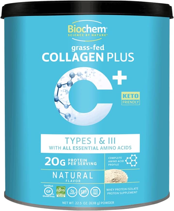 Biochem Collagène Plus Protéine - 1,4 lb - Saveur naturelle - 20g de poudre de protéines de collagène - favorise la santé des cheveux, de la peau, des ongles, des articulations et des os - Acide amino - Céto-friendly - Soft Tissue Support