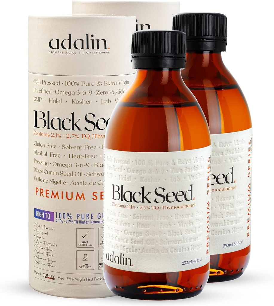 adaline huile de graines noires liquide 16,8 fl oz , Nigella huile de graines sativa , haute thymoquinone , froid pressé , bouteille de verre , noir , Vegan , sans gluten
