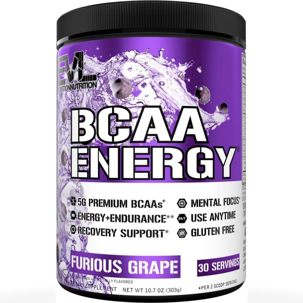 EVL BCAAs Amino Acids Powder - BCAA Energy Poudre de pré-entraînement pour la récupération des muscles Plongeons croissance et endurance - Réhydratation de la boisson de récupération après l'entraînement avec de la caféine naturelle - raisins Furieux