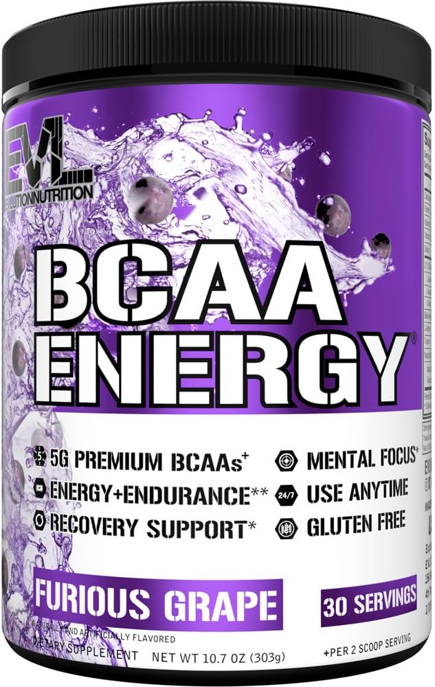 EVL BCAAs Amino Acids Powder - BCAA Energy Poudre de pré-entraînement pour la récupération des muscles Plongeons croissance et endurance - Réhydratation de la boisson de récupération après l'entraînement avec de la caféine naturelle - raisins Furieux