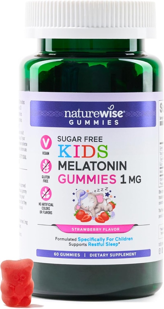 NatureWise Kids Melatonine 1 mg Gommies sans sucre pour les enfants de 4 ans et plus - Aide au sommeil sans habit - Aromatisé aux fraises - Vegan, Pas de gluten, Non-OGM - 60 Compte[2-Mois]