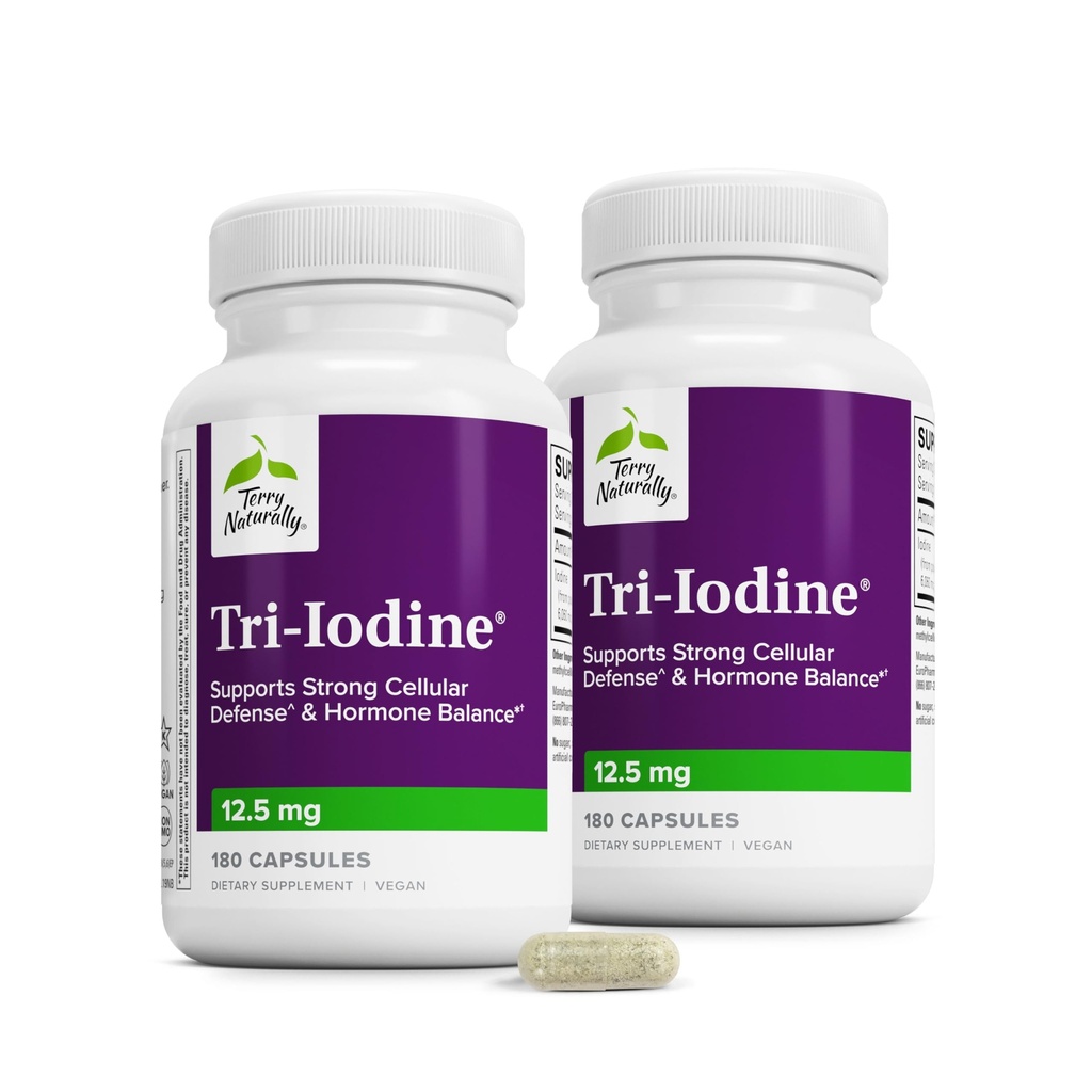 Terry naturellement Tri-Iodine - Aide à la santé thyroïde avec l'iode de potassium et l'iode de sodium - Aide à l'équilibre hormonal avec l'iode moléculaire de Kelp - Soutien du cerveau et de l'énergie - 12,5mg, 180 Capsules (paquet de 2)