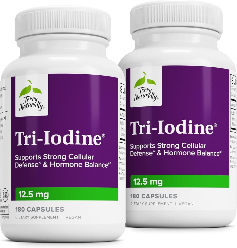 Terry naturellement Tri-Iodine - Aide à la santé thyroïde avec l'iode de potassium et l'iode de sodium - Aide à l'équilibre hormonal avec l'iode moléculaire de Kelp - Soutien du cerveau et de l'énergie - 12,5mg, 180 Capsules (paquet de 2)