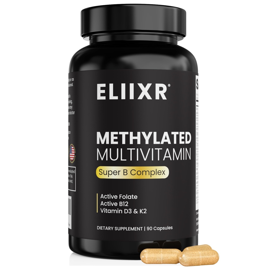 Eliixr Multivitamine Méthylée Supplément pour hommes et femmes, avec 1500mcg de folate actif et 500mcg de B12 actif dans chaque gélule. 60 capsules, 60 jours d'approvisionnement, sans fer, fabriquées aux États-Unis