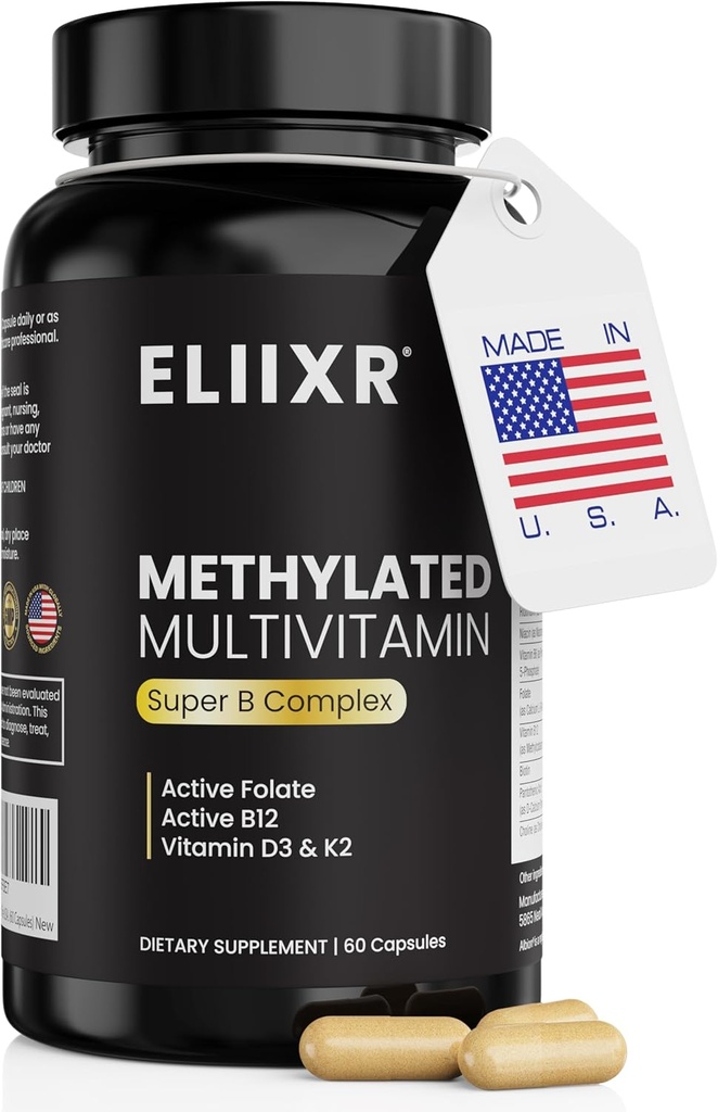Eliixr Multivitamine Méthylée Supplément pour hommes et femmes, avec 1500mcg de folate actif et 500mcg de B12 actif dans chaque gélule. 60 capsules, 60 jours d'approvisionnement, sans fer, fabriquées aux États-Unis