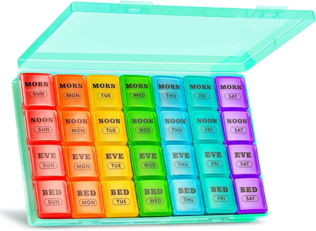 XL Large Weekly Pill Organizer 4 fois par jour, 7 jours Pill Boxes and Organizer AM PM, Gros Compartiments Pill Case, Mensuel Medicating Organizer 28 jours Distributeur d'huiles de poisson