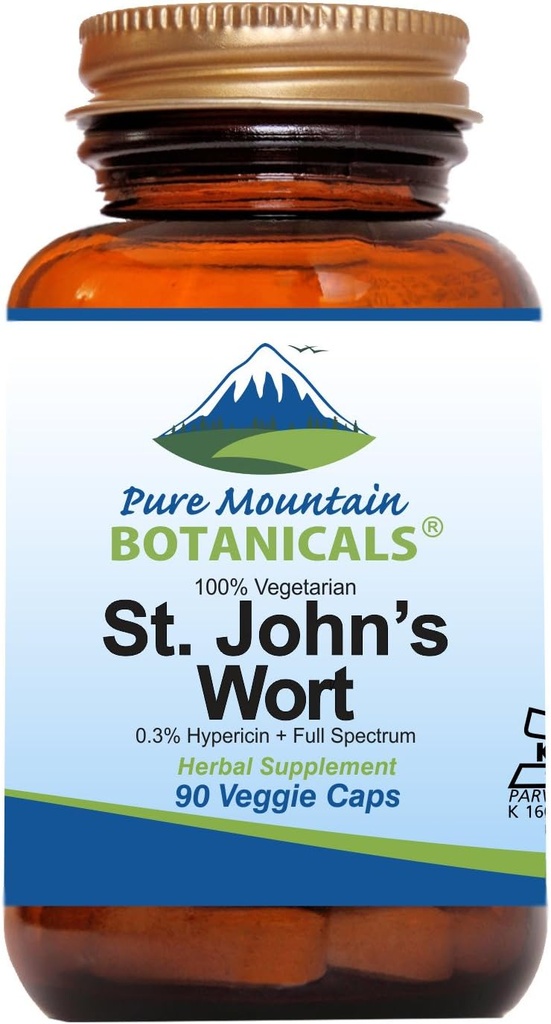 Pure Mountain Botanicals St. John's Wort Capsules avec une formule de 450mg d'herbe biologique et un supplément d'extrait de millepertuis
