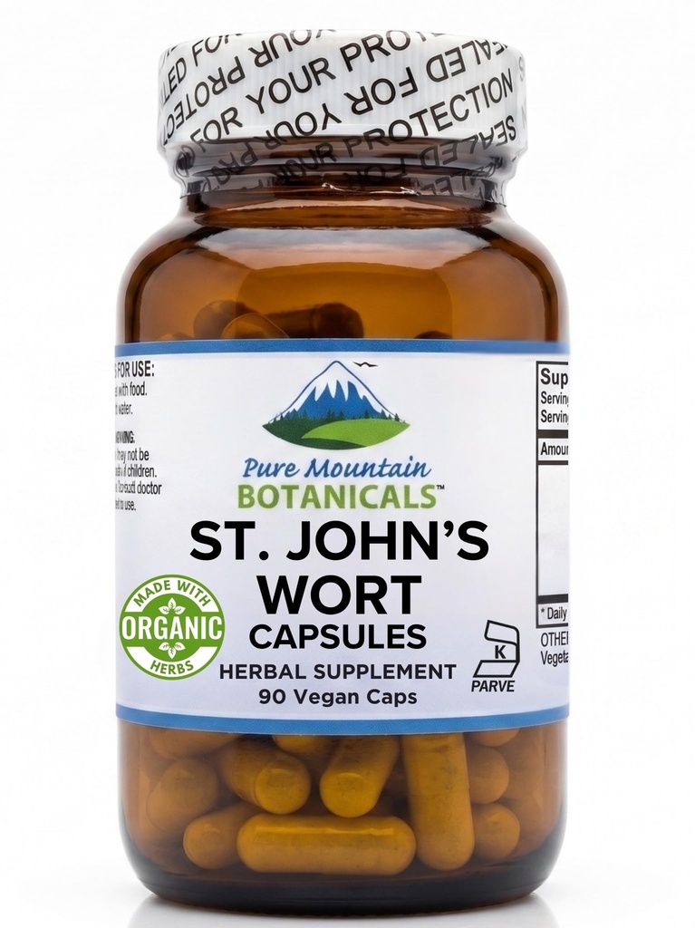 Pure Mountain Botanicals St. John's Wort Capsules avec une formule de 450mg d'herbe biologique et un supplément d'extrait de millepertuis