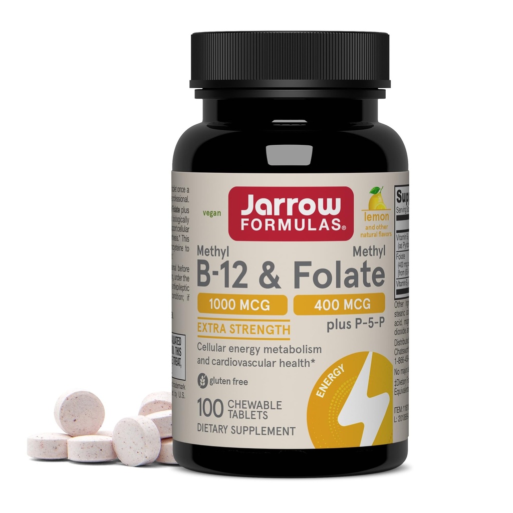 Formules Jarrow Méthyl B-12 1000 MCG et Méthyl Folate 400 MCG, force supplémentaire, métabolisme de l'énergie cellulaire et formule de santé cardiovasculaire(1) avec P-5-P, 100 comprimés à croquer, jusqu'à 100 jours