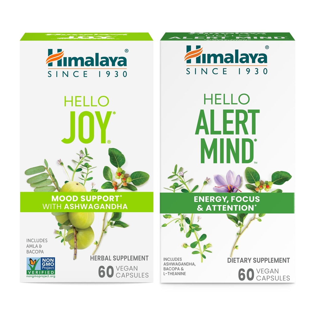 Himalaya Hello Joy avec Ashwagandha pour améliorer l'humeur et les esprits & Himalaya Hello Alert Mind avec Bacopa pour l'énergie, Focus & Attention, supplément à base de plantes, 60 Capsules Chaque