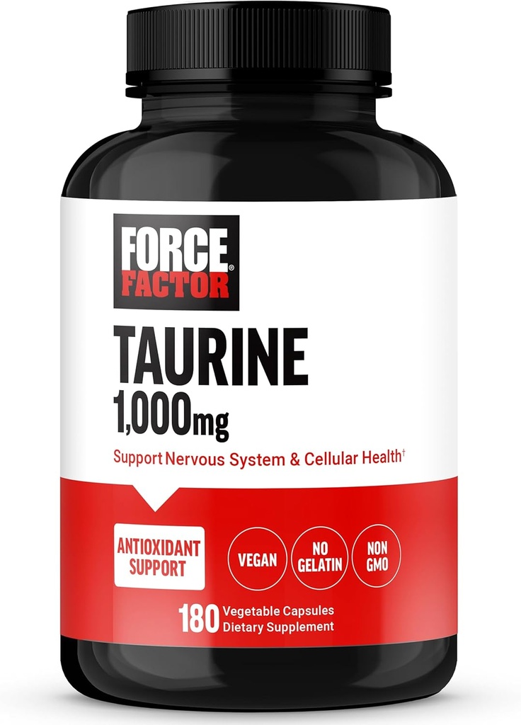FACTEUR DE FORCE Supplément Taurine, Taurine 500mg Capsules Supplément antioxydant pour soutenir le système nerveux et la santé cellulaire, végétalien, sans gélatine, non-OGM, 180 capsules végétales