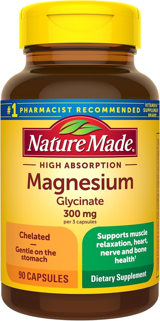 Nature faite haute absorption Magnésium Glycinate 300mg par 3 capsules, supplément de magnésium pour le muscle, le coeur, le nerf et le soutien des os, 90 capsules de bisglycinate de magnésium, 30 jours d'approvisionnement