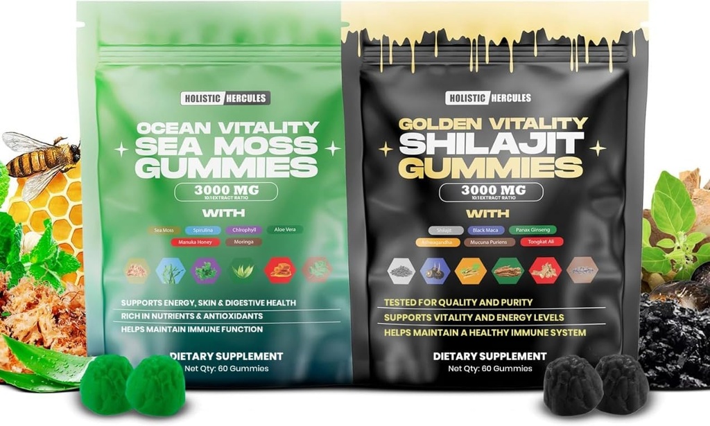 Hercules Holistic Moss & pur Himalayan Shilajit Gummies Or , 100% naturel végétalien biologique , Non ajouté sucre , Ashwagandha Tongkat Ali Ginseng Spiruline Moringa Manuka Honey , 60 Gummies 2 Pack