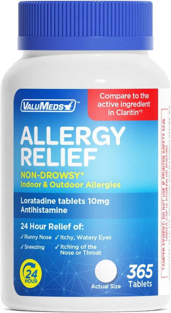 ValuMeds Loratadine 10mg Non-Drowsy 24-Hour Allergy Relief Indoor & Outdoor | All-Day Antihistamine Alergy/Sinus Pills for Runny Nose, Sneezing, Itchy, Watery Eyes | Compare to Claritin | 365 Tablets
