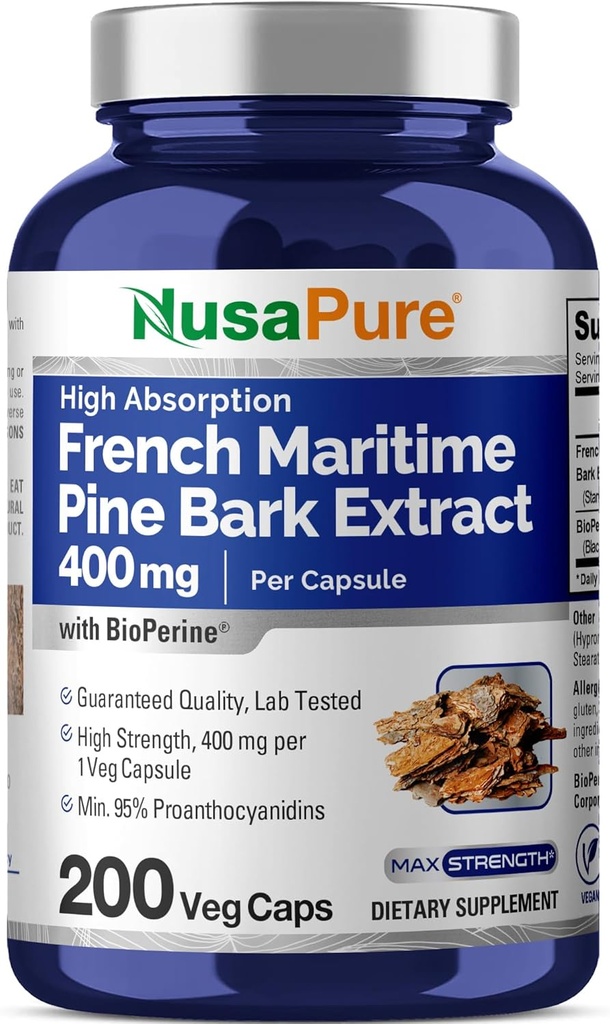 NusaPure Extrait d'écorce de pin Maritime française 400mg par Veggie Caps 200 jours d'approvisionnement Bioperine Non-OGM Vegan