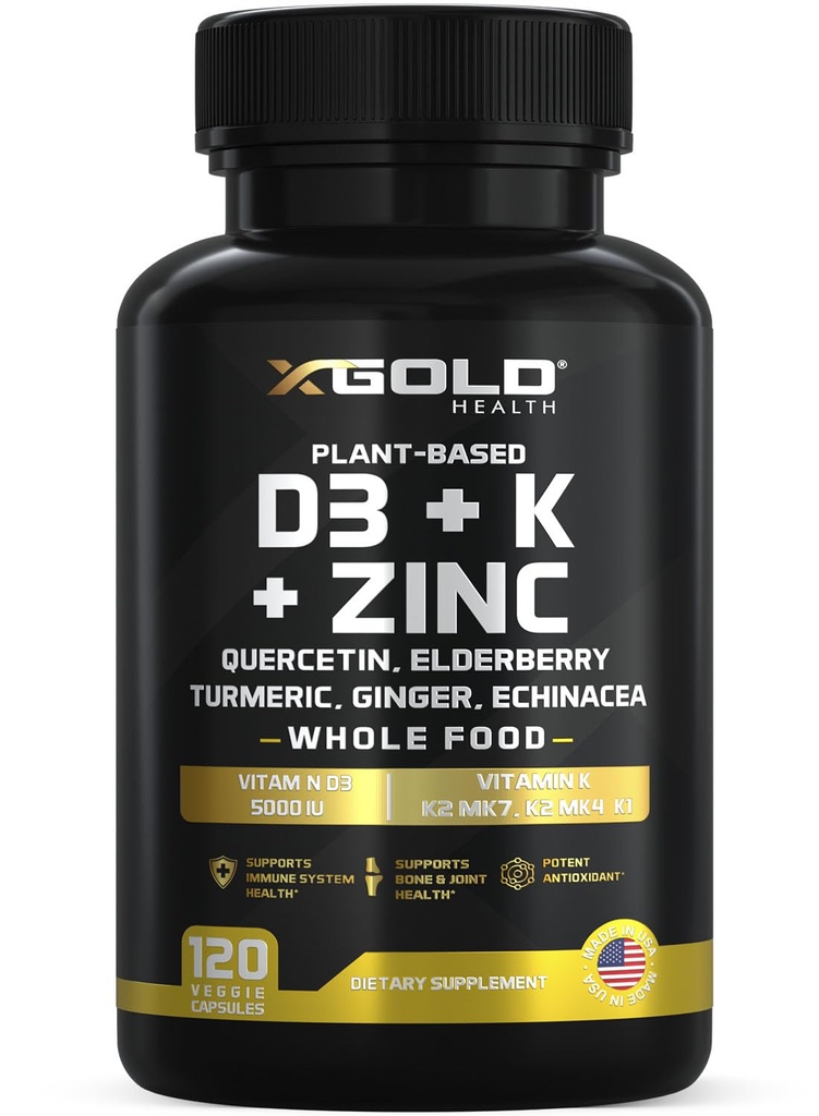 Vitamin D, K2, K1, Zinc, Quercetin, Elderberry, Turmeric, Ginger & Echinacea Whole Food Supplement 8 in 1- D3 5000 IU Plant-Based from Lichen, Vitamin K (K2 MK7, MK4, K1), D3 K2 Vitamins -120 Capsules