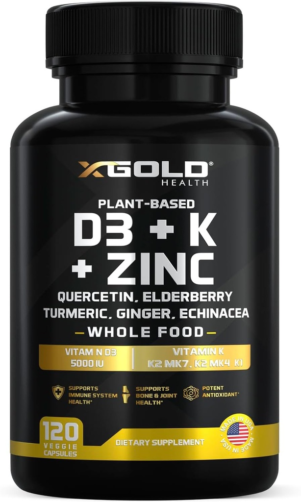 Vitamine D, K2, K1, Zinc, Quercetine, Elderberry, Turmeric, Ginger & Echinacea complément alimentaire complet 8 en 1- D3 5000 UI à base de plantes de lichen, vitamine K (K2 MK7, MK4, K1), vitamine D3 K2 -120 capsules