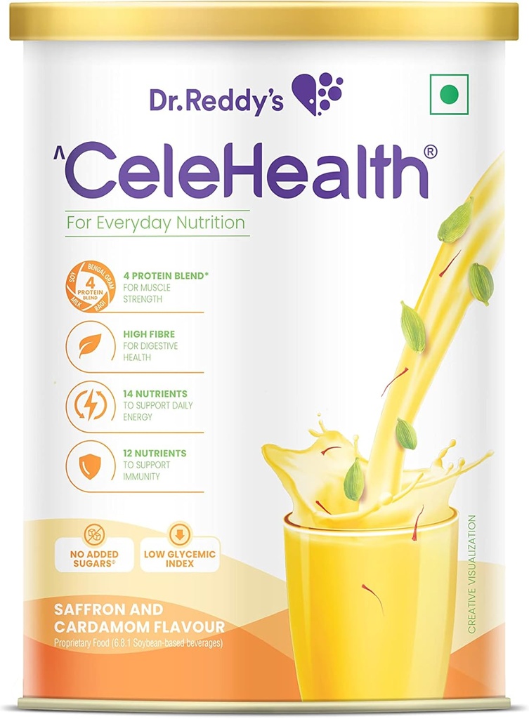 Dr. Reddy’s Celehealth Nutritional Drink, Protein Supplement for Daily Use, Low Glycemic Index, Zero Added Sugar, Saffron and Cardamon Flavour, 400g,Yellow