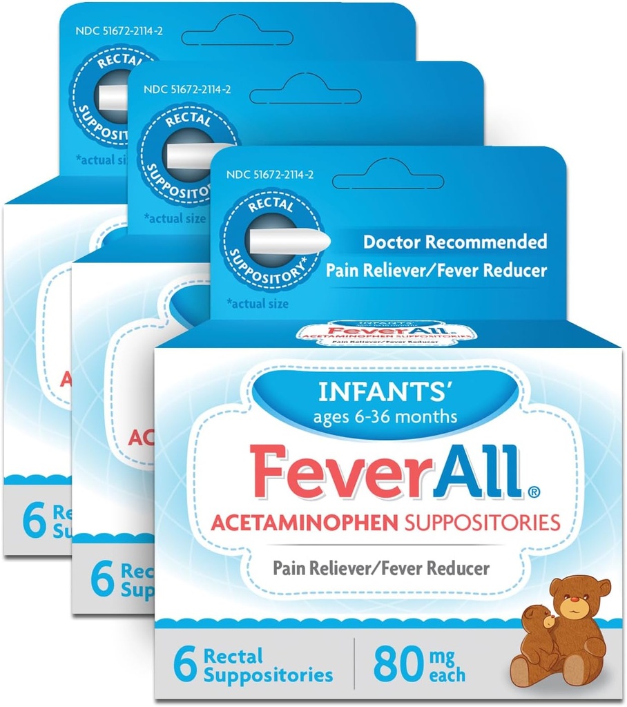 Feverall Infant Acetaminophène Suppositories 6 Suppositories rectales 80mg Chaque analgésique / Réducteur de fièvre. Sans parabène, sans colorant artificiel ou d'autres conservateurs. 6-36 mois. Valeur 3 Pack.