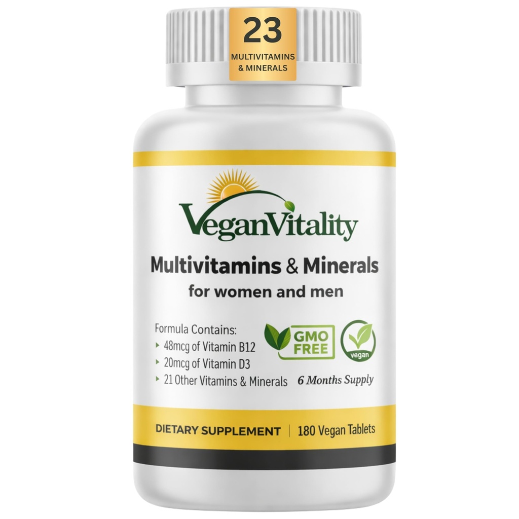 Vitalité végane Multivitamines et minéraux pour les femmes et les hommes avec vitamine haute résistance B12, D3 et K2. 180 Comprimés de multivitamine végane - 6 mois d'approvisionnement. Vitamines pour végétaliens et végétariens