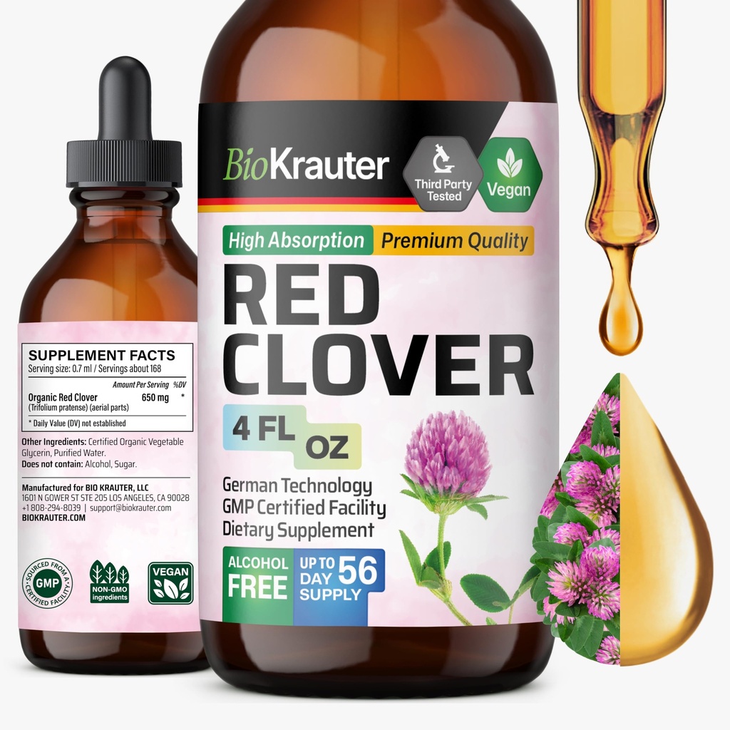 Teinture de trèfle rouge BIO KRAUTER - Extrait de trèfle rouge - Supplément liquide pour le soutien des femmes - Sans alcool et sans sucre - gouttes de végane 4 Fl.Oz.