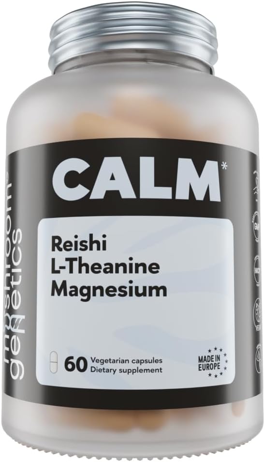 Mushroom Genetics Reishi, L-Theanine & Magnesium Supplement – Adaptogenic Mushroom Capsules | Stress Relief Supplement for Relaxation, Sleep & Immune Health | Brain Wellness Support | 60 Capsules