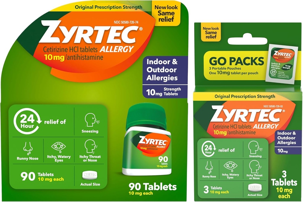 Zyrtec 24 heures Comprimés antiallergiques, la médecine d'allergie intérieure et extérieure avec 10 mg de chlorhydrate de cétirizine Antihistamine, la valeur du lot d'un, 90 ct Bouteille et trois, 1 ct Packs de voyage