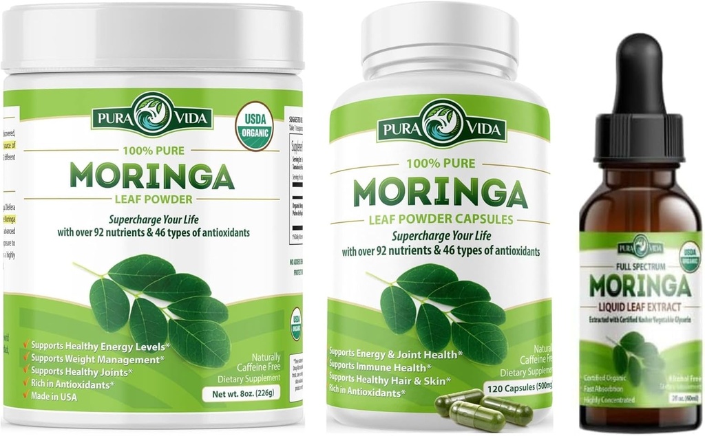 PURA VIDA MORINGA Poudre 8 oz Capsules (120 Nombre) et gouttes d'extrait de feuille de Moringa (2fl oz)