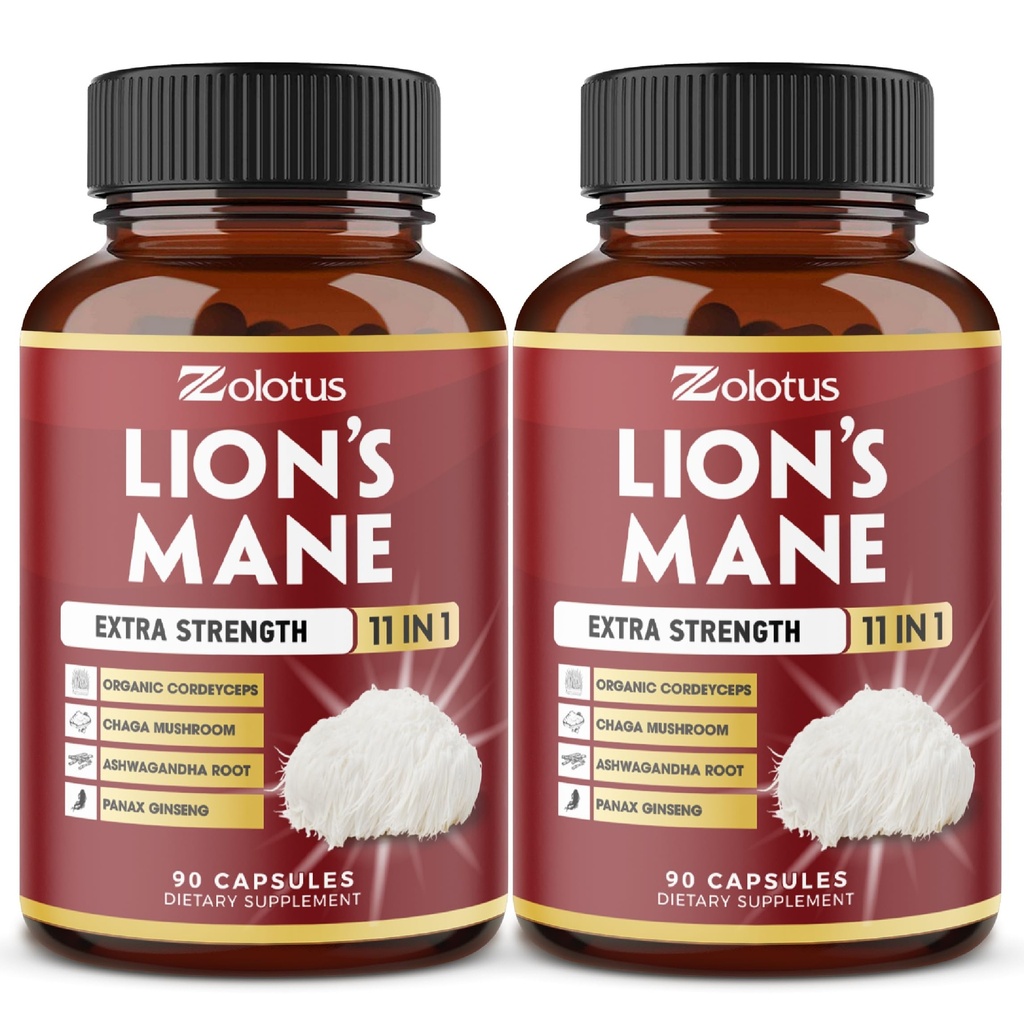 Zolotus 2 Packs 90 Capsules Lions Mane Champignon Supplément, 6 mois d'approvisionnement avec Cordeyceps, Reishi, Ashwagandha, Focus, Mémoire et Supplément de soutien du cerveau, Imune Support, Pills énergétiques