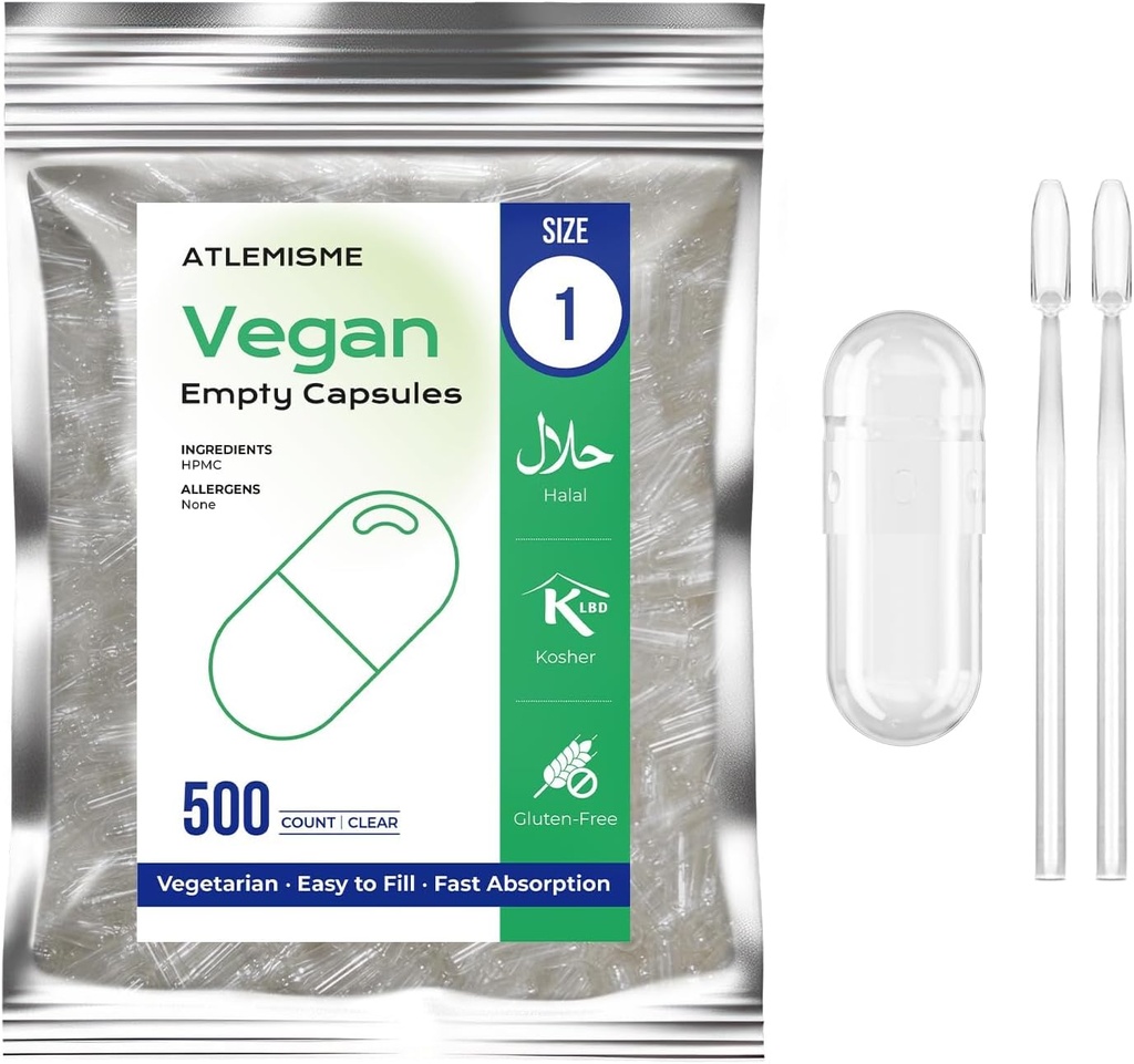 Capsules Vegan vides Taille 1, 500-Count Capsules végétales pour le remplissage