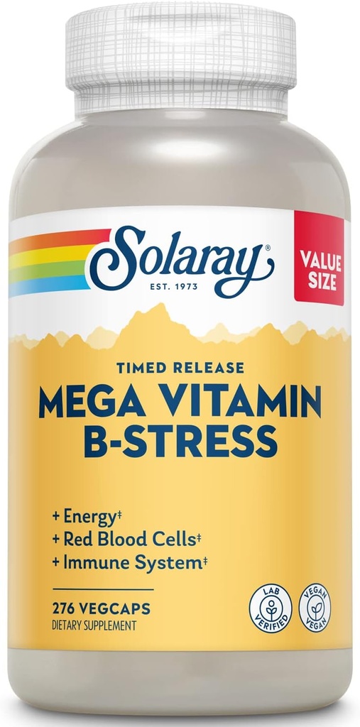 SOLARAY Mega Vitamine B-Stress - Délivrance à temps Complexe Vitamine B avec Vitamine B12, B6, acide folique, VIT. C - Stress, énergie, globule rouge, immunosupport - Vegan, garantie de 60 jours (276 CT)