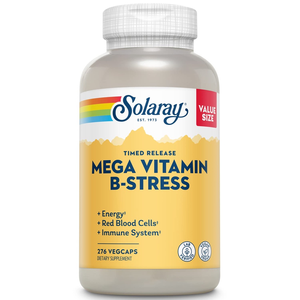 SOLARAY Mega Vitamine B-Stress - Délivrance à temps Complexe Vitamine B avec Vitamine B12, B6, acide folique, VIT. C - Stress, énergie, globule rouge, immunosupport - Vegan, garantie de 60 jours (276 CT)