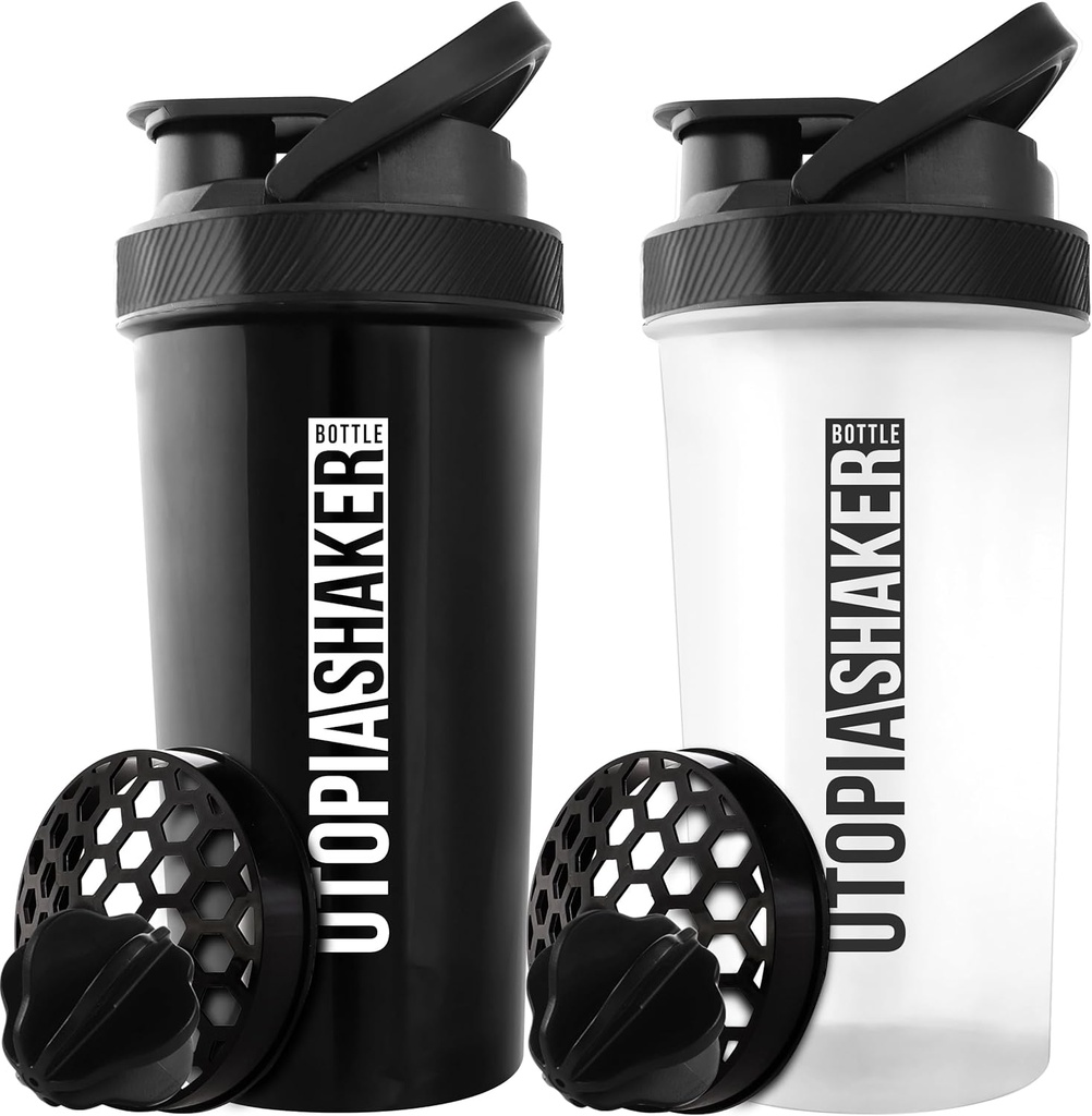Bouteille Utopia Home Protein Shaker - (Pack of 2) Bouteille 28-Ounce Shaker pour mélange de protéines - Fitness Sports Classic Protein Shaker Bouteille (Black & Clear/Black)