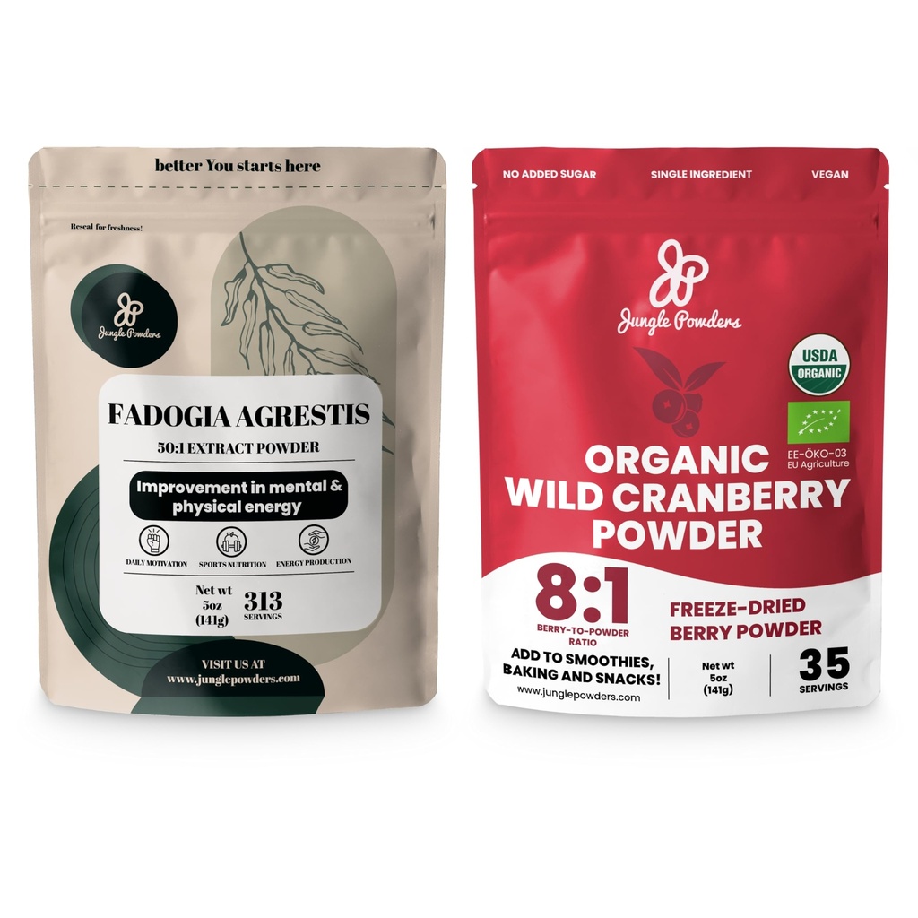 Jungle Powders Ultimate Men's Wellness Duo: 5oz Fadogia Extrait d'Agresti et 5oz poudre de canneberge sauvage biologique - Supplément de fadogia nigérian pour la conduite et la passion, USDA Certified Cranberry Superfood