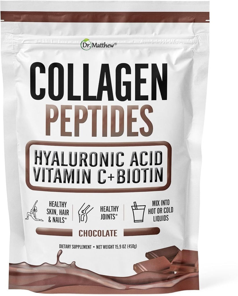 Chocolate Collagen Powder. Collagen with Hyaluronic Acid and Vitamin C. Chocolate Collagen Peptides Powder Chocolate. Collagen with Vitamin C & Biotin for Hair, Skin, Nails, Joint. Keto, Type 1 and 3.