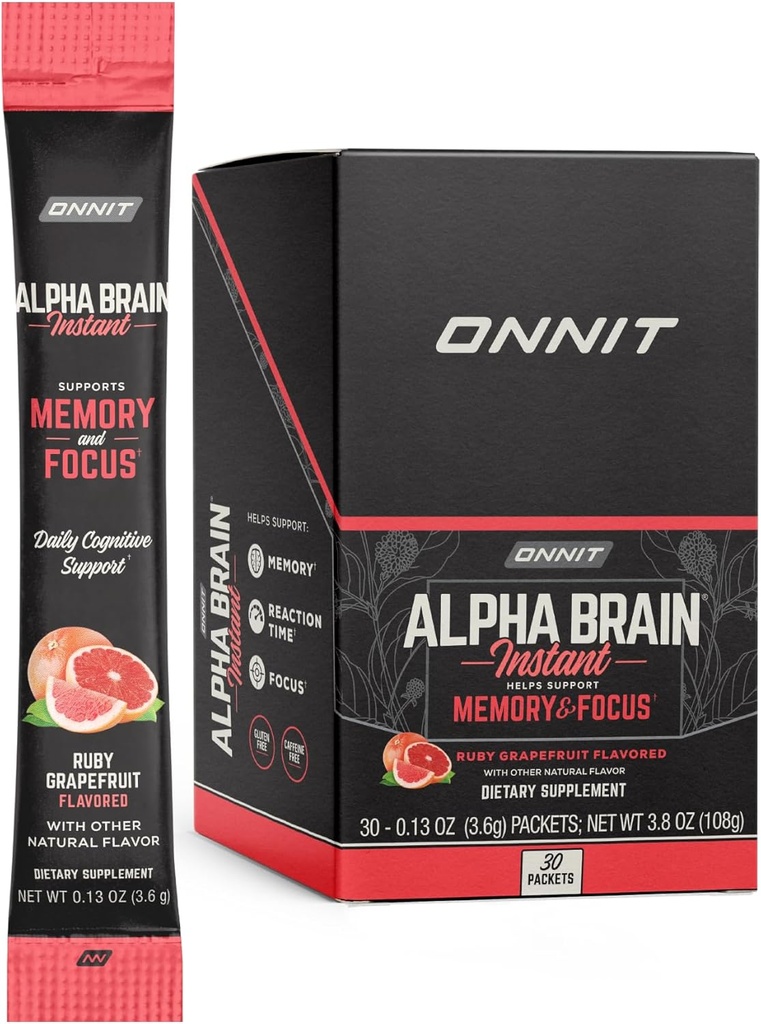 ONTIT Alpha Cerveau Instantané - Ruby Pamplemousse Flacon - Nootropic Brain Booster Memory Supplement - Soutien du cerveau pour Focus, Energy & Clarity - Alpha GPC Choline, Cats Claw, L-Theanine, Bacopa - 30ct