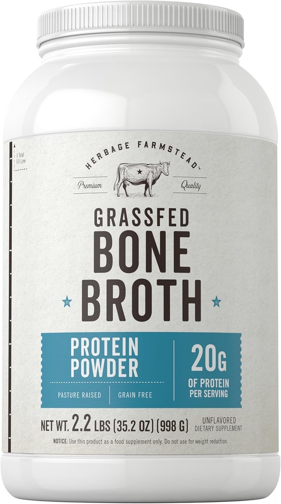 Carlyle Grass Fed Bone Broth Protein Powder | 35.2 oz (2.2lb) | 20g Protein | Pasture Raised, Grain Free Supplement | Non-GMO & Gluten Free | by Herbage Farmstead