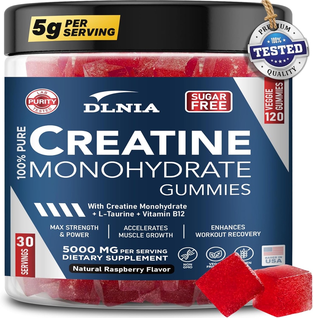 120 Gummées monohydratées de créatine pour hommes et femmes, amies des végétaliens, sans sucre, et croustillants - Gummées créatine instantanées pour la croissance améliorée des muscles, la récupération et la performance (framboise)