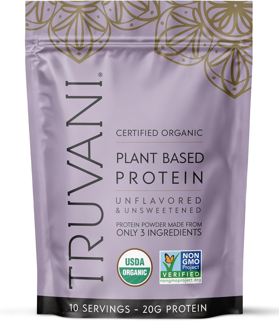Truvani Poudre de protéines de pois végétaliens sans arômes 20g Protéine biologique à base de plantes 10 portions