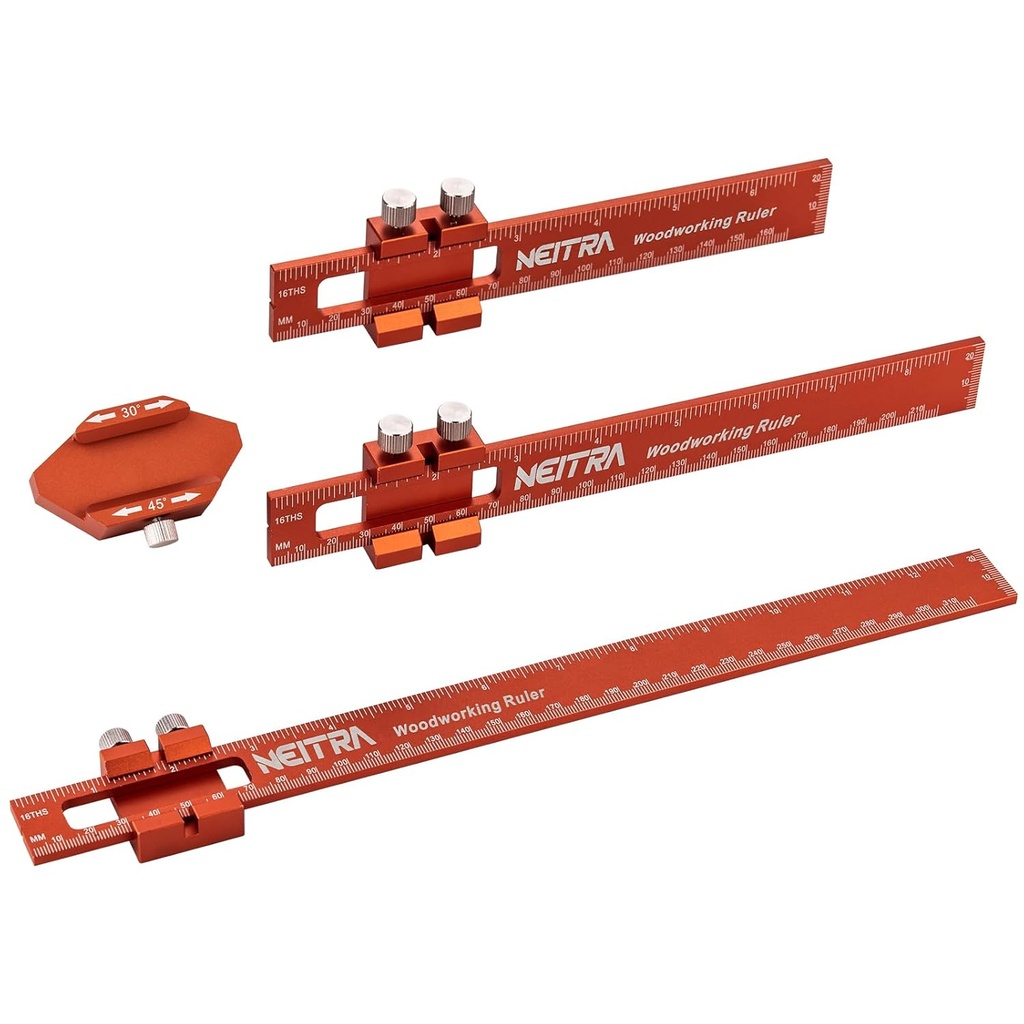 Woodworking Ruler, Neitra 3PCS (6/8/12 Inches) Metal Pocket Rule with a 45° & 30° Slide Stop for Measuring Precision, Slide Stop Aluminum Rule for Marking Inch and Metric T-Type Scribing Rulers Square