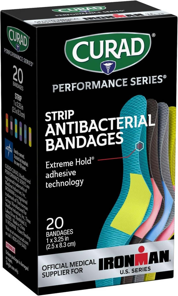 CURAD Performance Series IRONMAN Antibactérien Bandages, Technologie d'adhésif de cale extrême, Taille standard Bandes de tissu flexibles pour les découpes, les scrapes et les brûlures, Couleurs assorties, 1 x 3,25 pouces, 20 Compte