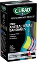 CURAD Performance Series IRONMAN Antibactérien Bandages, Technologie d'adhésif de cale extrême, Taille standard Bandes de tissu flexibles pour les découpes, les scrapes et les brûlures, Couleurs assorties, 1 x 3,25 pouces, 20 Compte