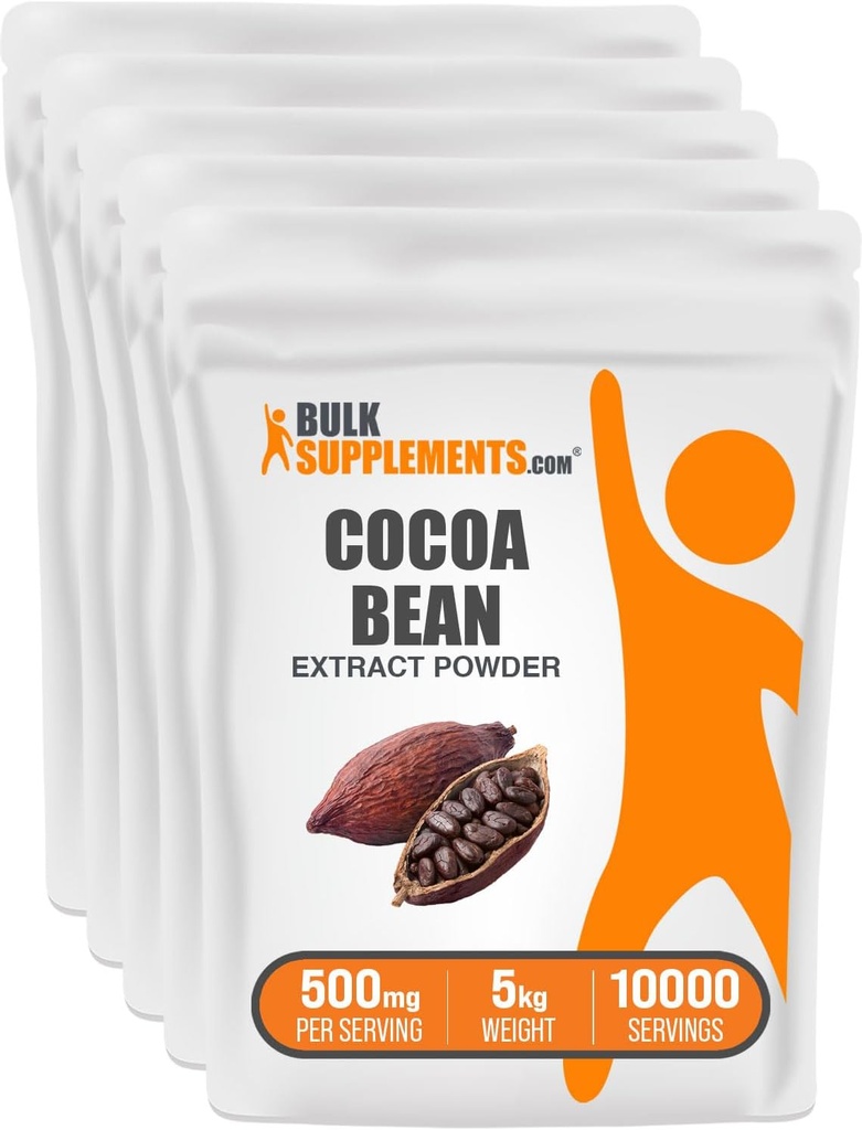 BulkSupplements.com Poudre d'extrait de cacao - Supplément de cacao - Sans sucre, sans végane et sans gluten, 500mg par portion, 1kg (2.2) (paquet de 5)