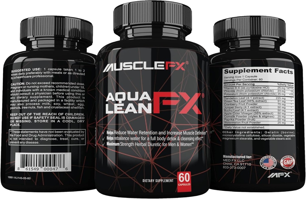 AquaLean FX Force maximale Pilules d'eau diurétique pour la rétention d'eau et la défense musculaire maigre pour les hommes et les femmes, 60 capsules