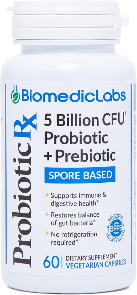 Probiotique Rx: 5 milliards UFC – Probiotique + Prébiotique - Spore-Based – 60 jours d'approvisionnement - SBO - Soutien à la santé immunitaire et des intestins - Organismes basés sur le sol - Pas de réfrigération requise