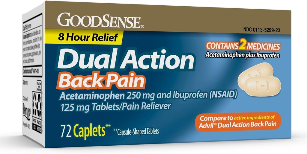 Comprimés GoodSense Dual Action Acétaminophène et Ibuprofène (NSAID), 250 mg/125 mg, Douleur dorsale, 72 Nombre