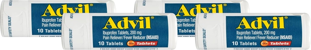 Réducteur de douleur advil et réducteur de fièvre, anti-douleur avec Ibuprofen 200mg pour les maux de tête, les maux de dos, les douleurs menstruelles et les douleurs articulaires - 10 comprimés enduits (paquet de 4)